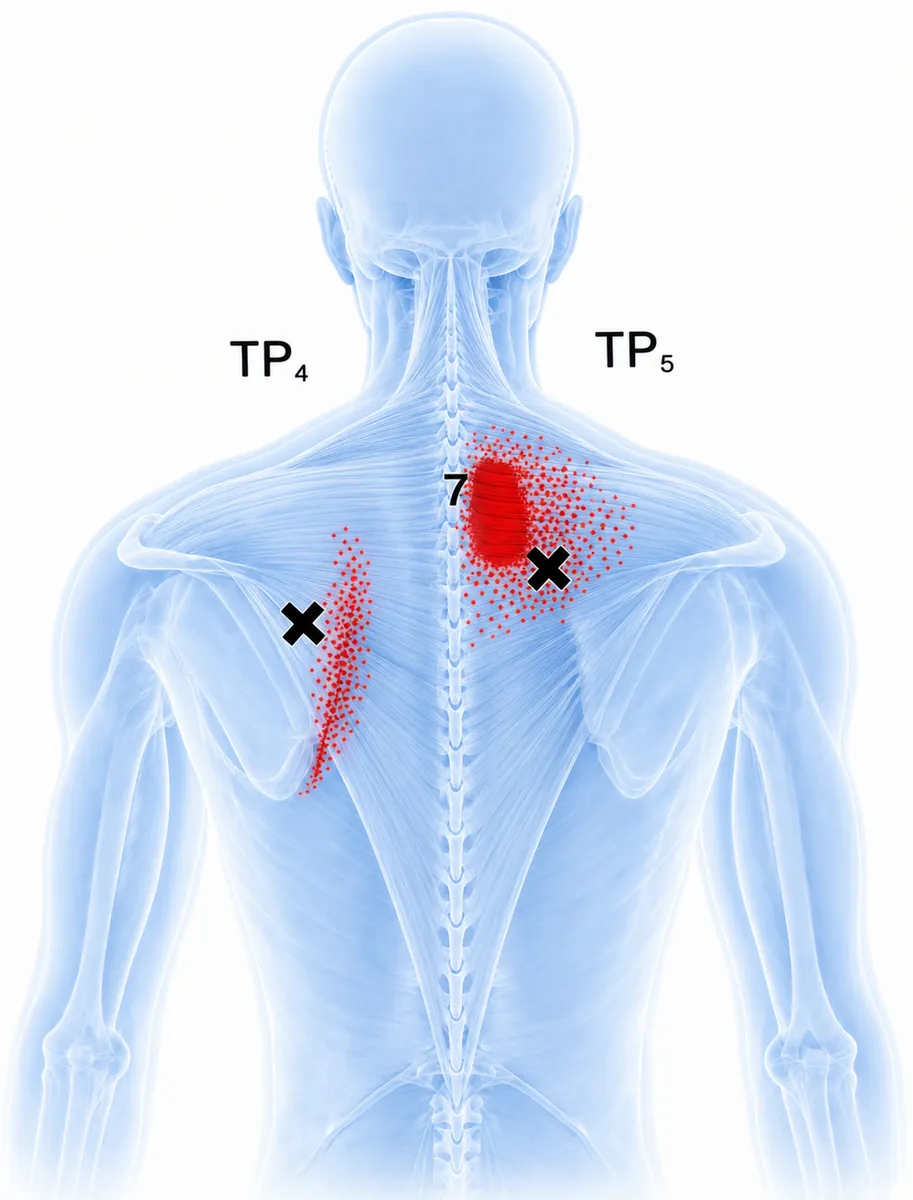Middle trapezius — TrP4 over the scapular spine and TrP5 near the C7/T1 spinous processes refer a superficial, burning interscapular ache along the medial border of the scapula and across the upper back, with a small satellite spread over the top of the shoulder — the classic 'burning between the shoulder blades' of desk workers. — Reference diagram 2