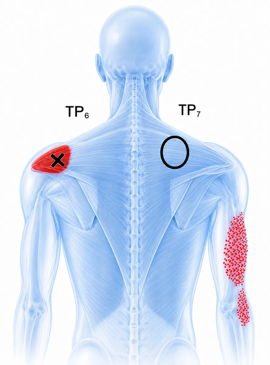 Lower trapezius — TrP6 in the muscle belly near the acromion refers a sharp, focal pain to the top of the shoulder and adjacent supraspinous region; TrP7 (marked O) is a nearby zone that can produce a distant satellite referral down the postero-lateral arm — a frequently missed cause of persistent 'top-of-shoulder' and upper-arm pain that resists local treatment. — Reference diagram 3