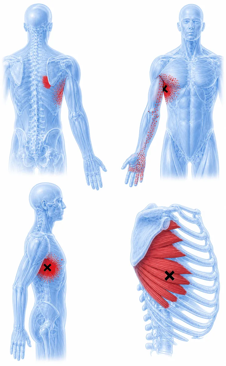 Serratus anterior — trigger point on the lateral chest wall over the mid-axillary rib slips (marked X) refers pain to the lateral chest, down the inside of the arm to the ring and little finger, and to a focal spot at the inferior angle of the scapula; often mistaken for a 'side stitch', angina or C8 radiculopathy. — Reference diagram 1