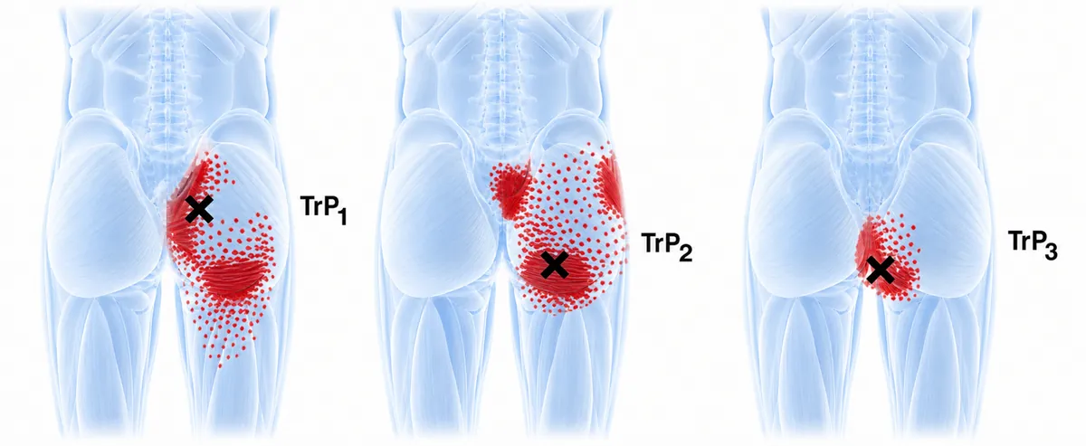Gluteus maximus — three classic trigger points across the buttock with referred pain to the sacroiliac region, buttock and posterior hip (tail-bone-like pain when sitting). — Reference diagram 1