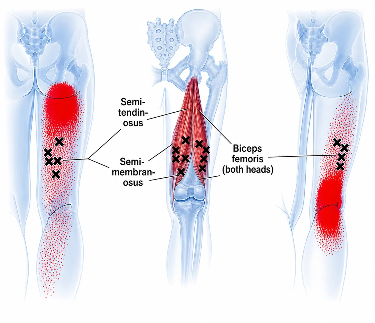 Semitendinosus — group figure (hamstrings (biceps femoris, semitendinosus, semimembranosus)): trigger points and referred pain pattern. — Reference diagram 1