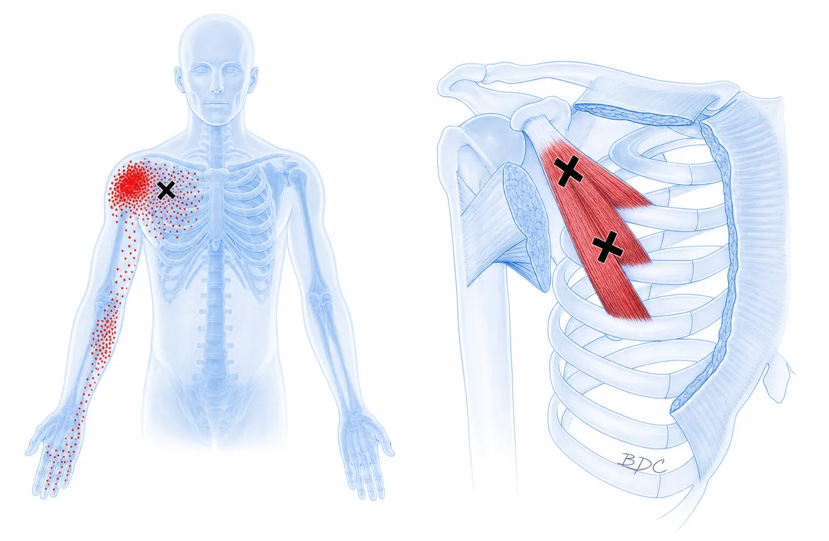Pectoralis minor — trigger points refer pain over the anterior deltoid and down the ulnar side of the arm into the ring and little fingers, mimicking a thoracic outlet or C8 pattern. — Reference diagram 1
