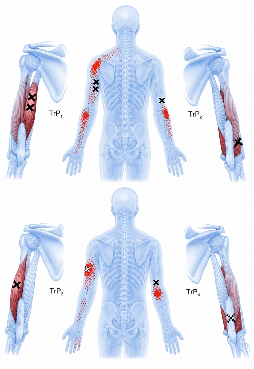 Triceps brachii — four classic trigger points across the three heads: TrP1 (long head, upper posterior arm) refers up the back of the shoulder and down the back of the arm; TrP2 (medial head, distal posterior arm near the elbow) refers to the posterior elbow and dorsal forearm; TrP3 (lateral head) refers to the posterolateral upper arm; TrP4 (medial head near the medial epicondyle) refers focally to the medial elbow — a frequently overlooked cause of 'tennis elbow / golfer's elbow' pain and posterior shoulder pain that mimics rotator cuff pathology. — Reference diagram 1