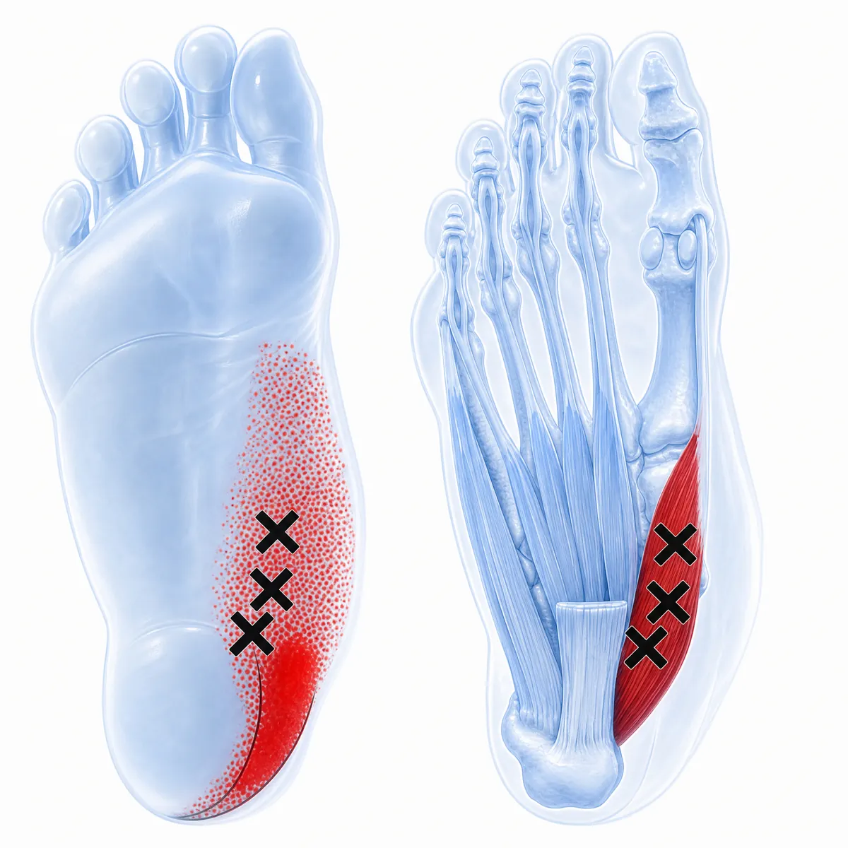Abductor hallucis — trigger points in the medial plantar foot with referred pain along the medial arch and heel. — Reference diagram 1
